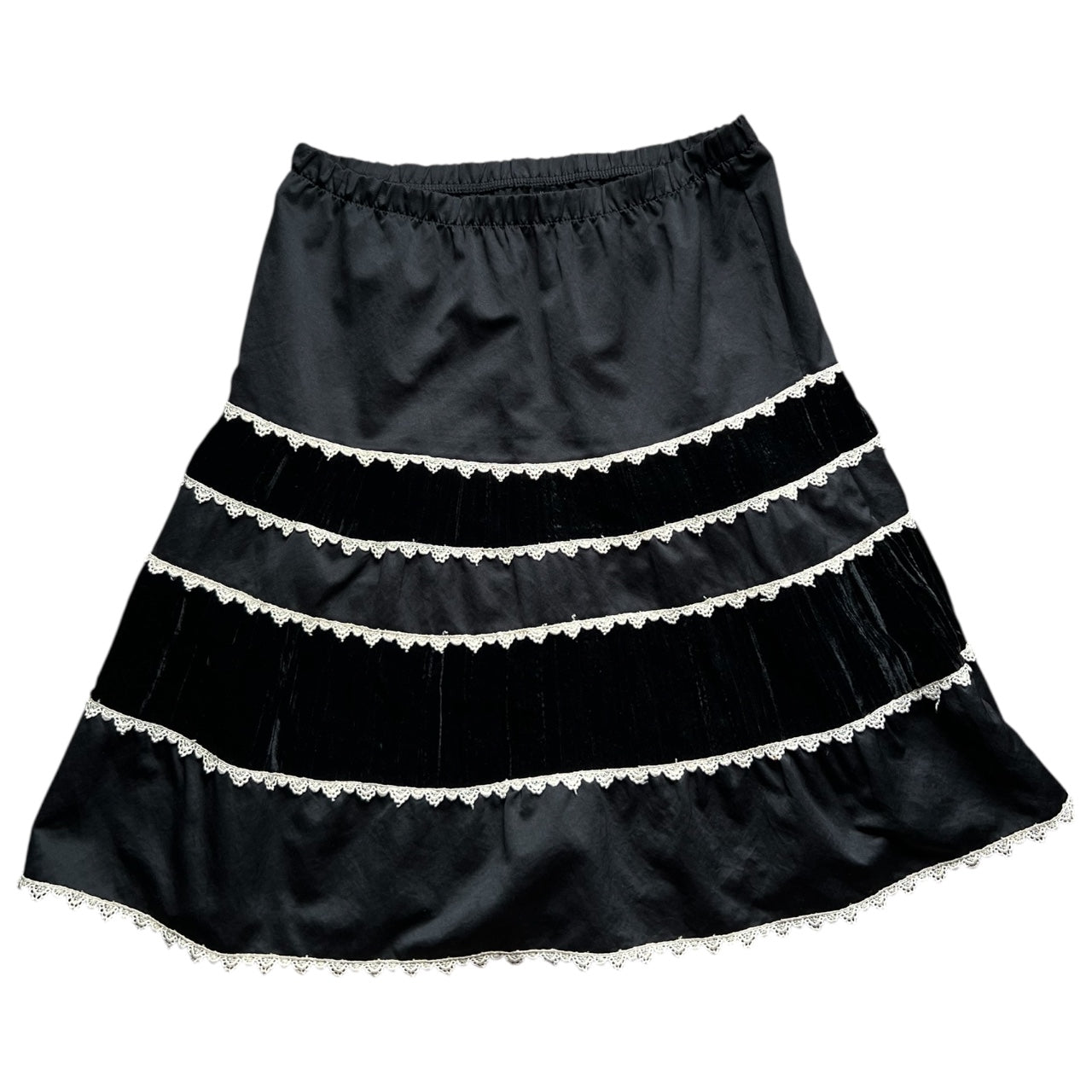 90s Y2K Mossimo Black Velvet Tiered A-Line Midi Skirt Women’s Med Lace Trim