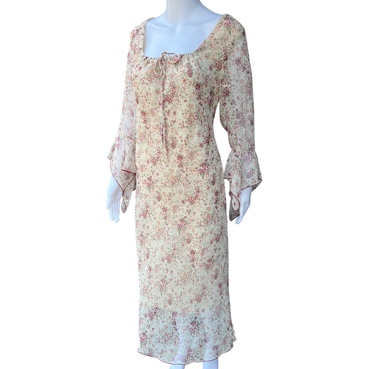 90s Studio Y Sheer Floral Scoop Neck Midi Dress Flared Sleeves Women’s 13 Made in USA