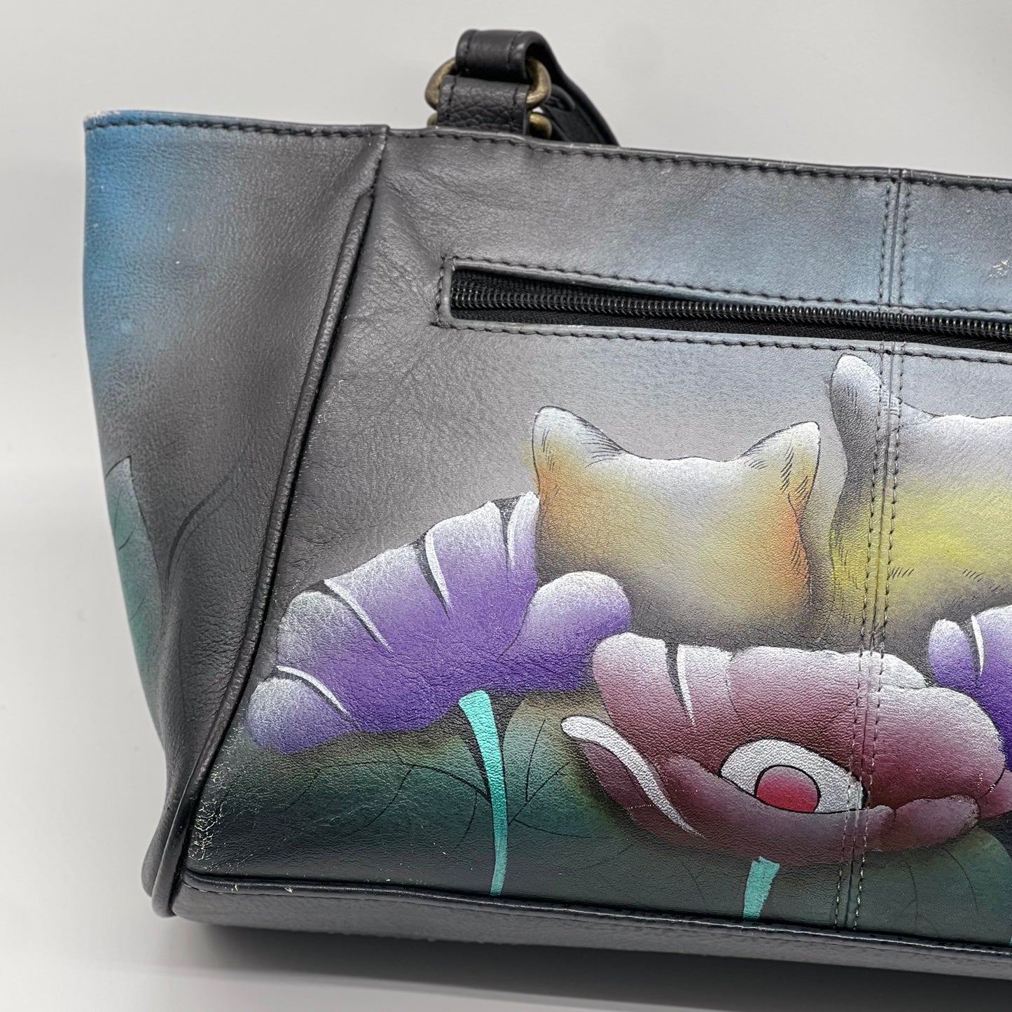 Anna by Anuschka Hand Painted Floral Cat Pebbled Leather Shoulder Tote