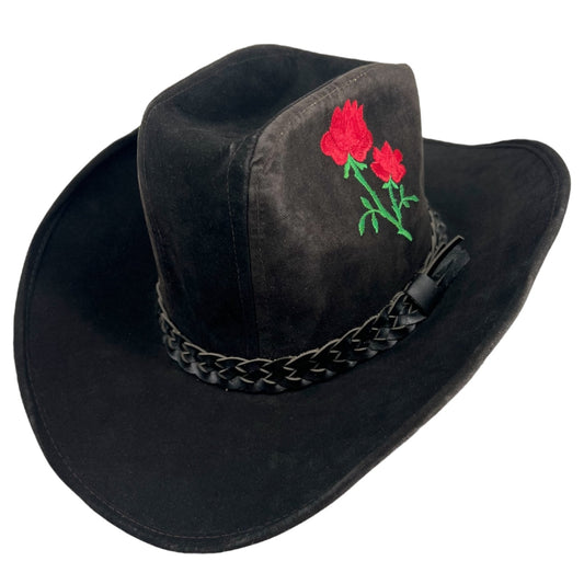 Vintage Black Suede Embroidered Floral Cowboy Hat United Hatters Cap Millinery Union Made Sz Large