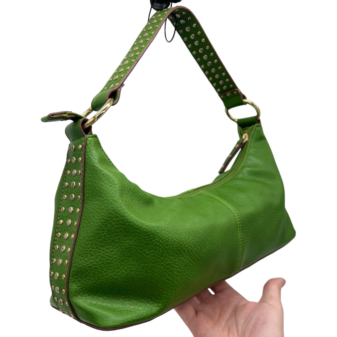 Vintage 90s Y2K Bisou Bisou Michelle Bohbot Lime Green Leather Studded Shoulder Bag