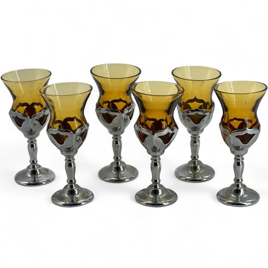 Vintage Farber Bros Krome Kraft Amber Short Stemmed Cordial Glass Set of 6 Art Deco