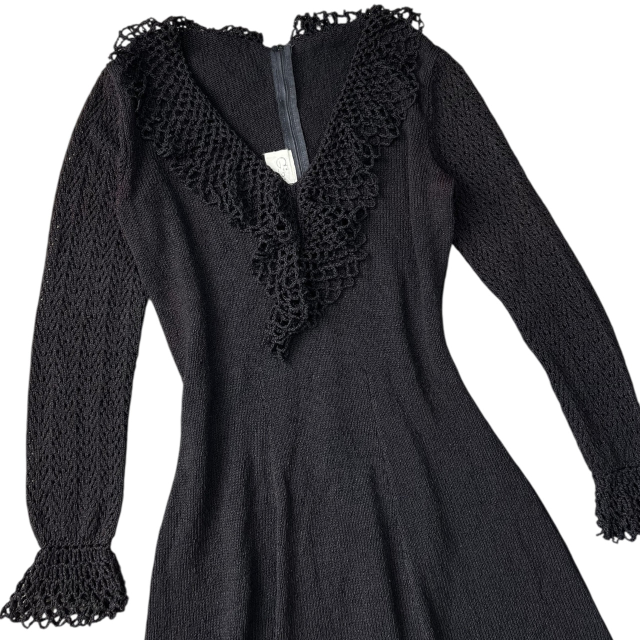 Vintage Gianna Knits Black Crochet Dress Ruffles Women’s Large Talon Zipper