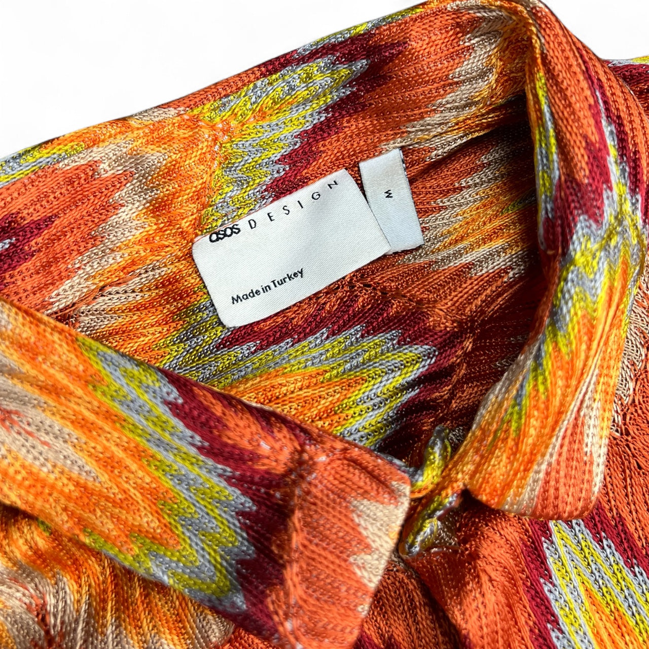 ASOS Designs Orange Green Multicolor Zig Zag Crochet Button Up Short Sleeve Shirt Men’s Med