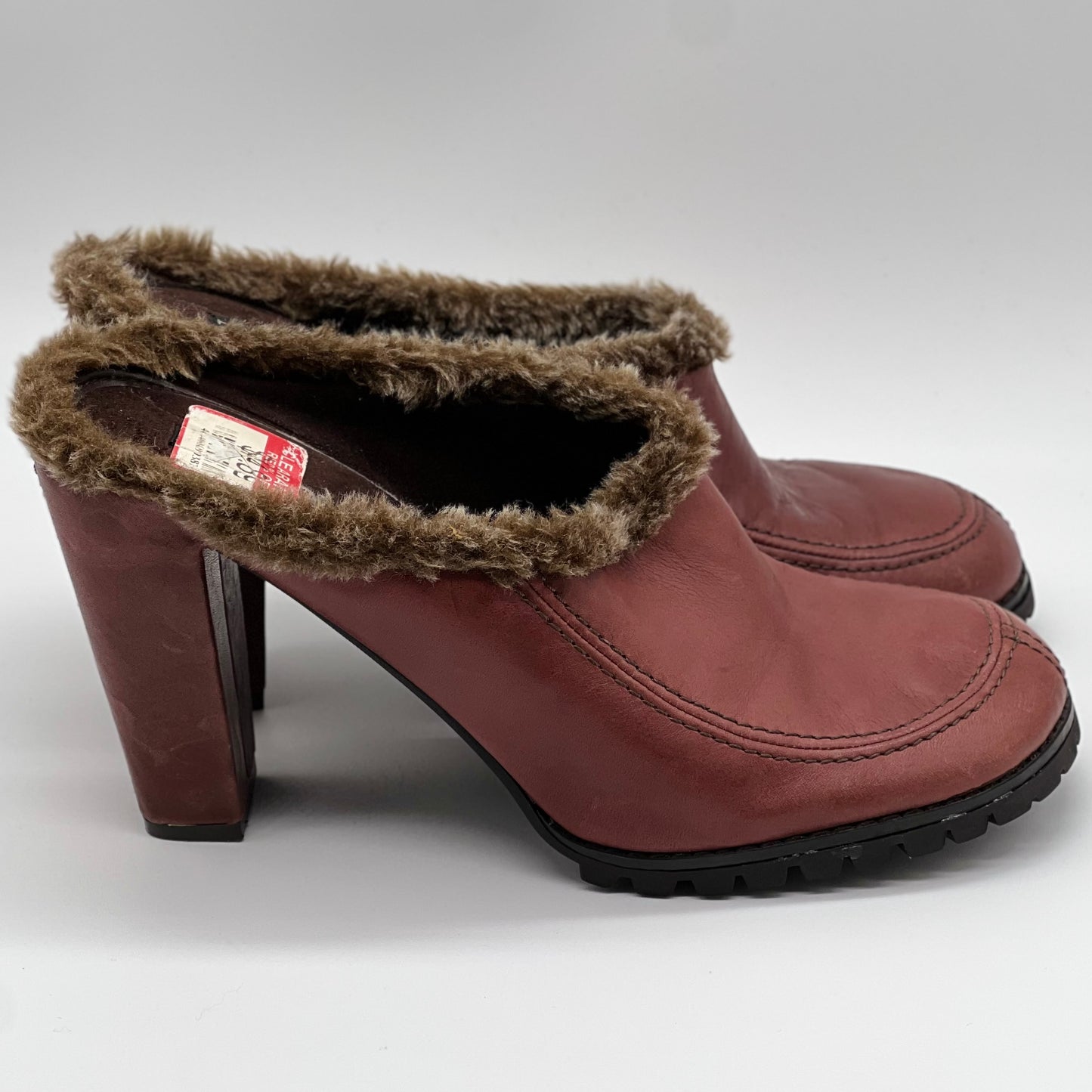 Vintage 90s Y2K XOXO Burgundy Leather Clogs Faux Fur Trim Size 10 NWT