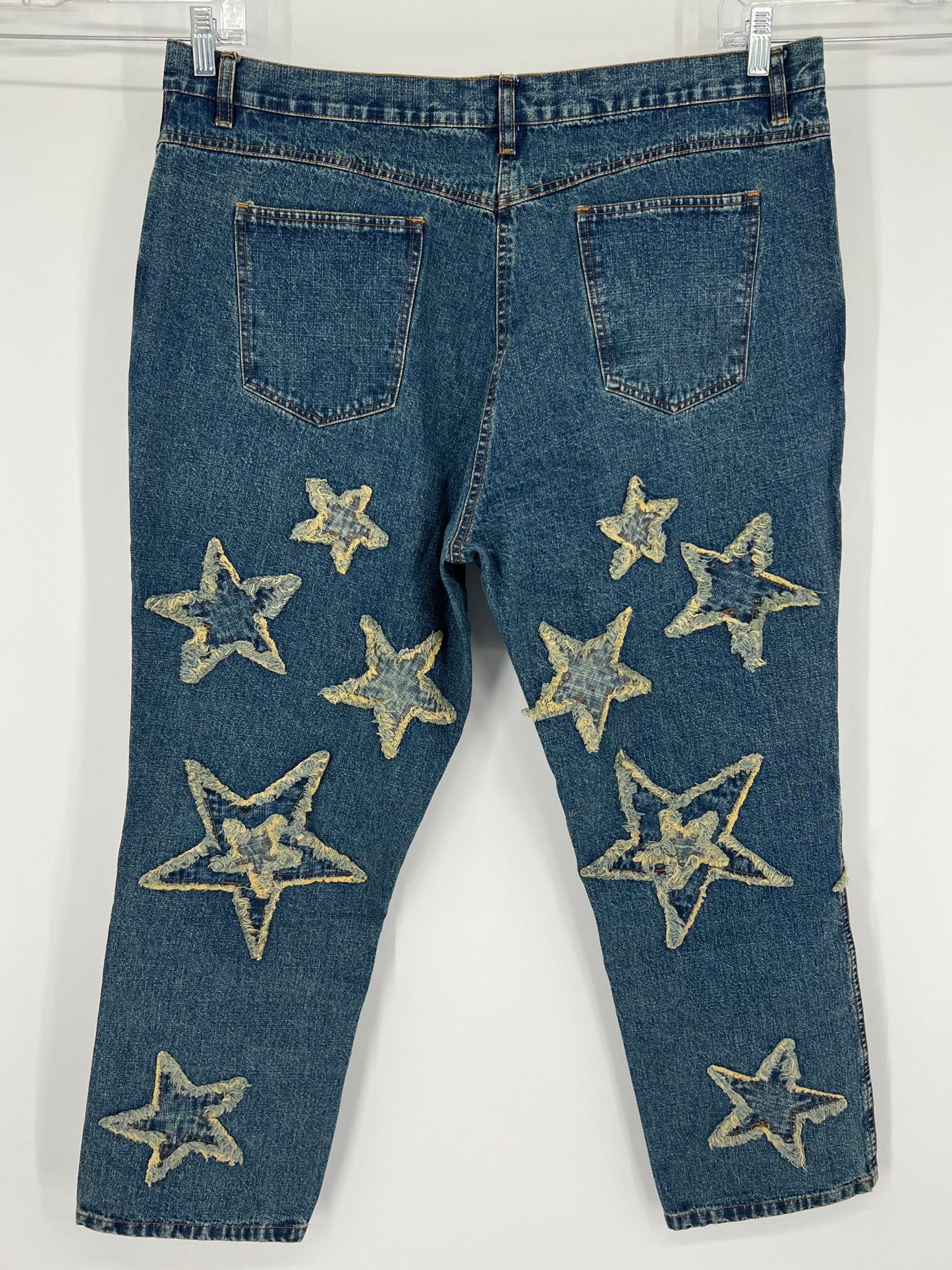 Vintage 90s Y2K Plus Size Fringed Star Patchwork Jeans Dirty Wash Denim Women’s 22W