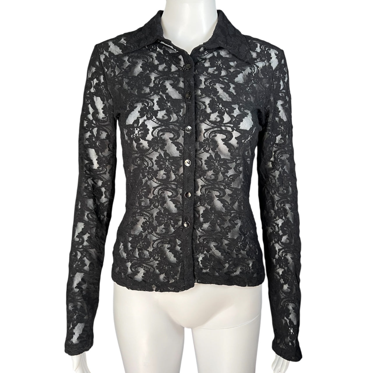 90s Eye Candy Sheer Black Floral Lace Longsleeve Button Up Shirt Women’s Med Made in USA