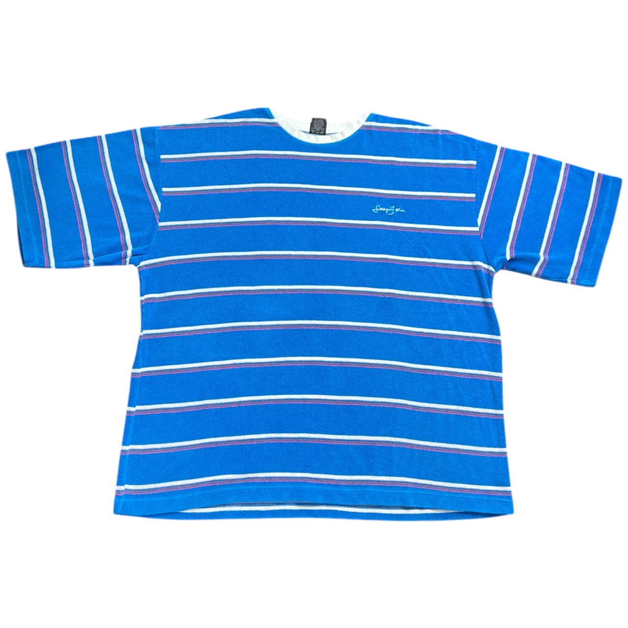 Vintage Y2K Sean John Blue Striped Towel Terry Cloth Baggy Crewneck T-Shirt Embroidered Men’s 3XL