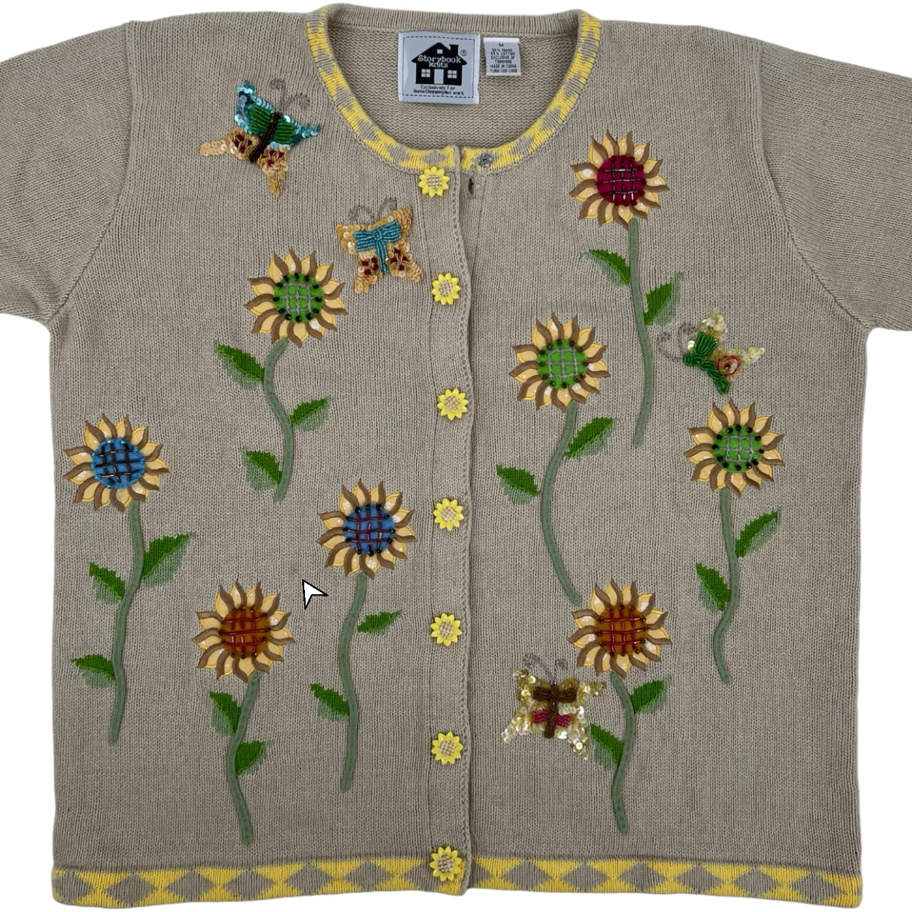 Vintage Storybook Knits Shortsleeve Sweater Sunflower Button Design Sequin Butterflies Sz M