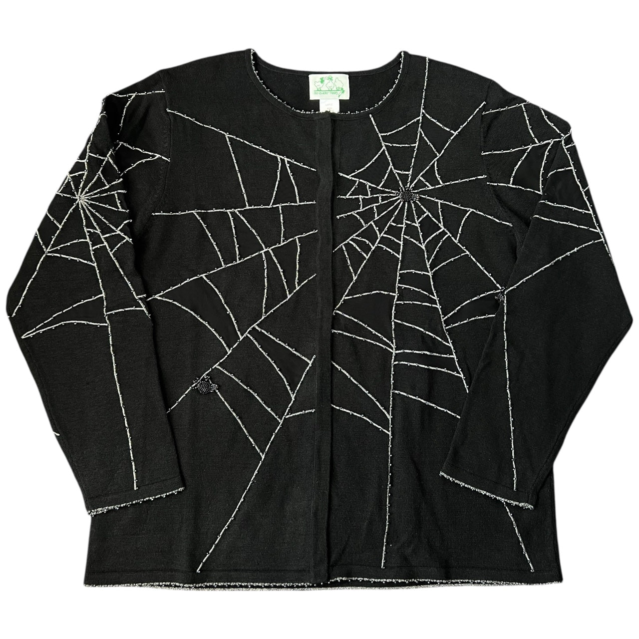 Vintage The Quacker Factory Black Beaded Spiderweb Ugly Sweater Cardigan Women’s Large Mesh