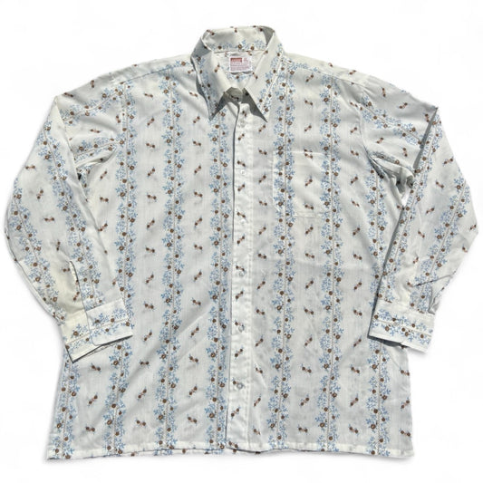 70s Montgomery Ward Vertical Floral Stripe Dagger Collar Button Up Shirt Men’s XL 17-17 1/2