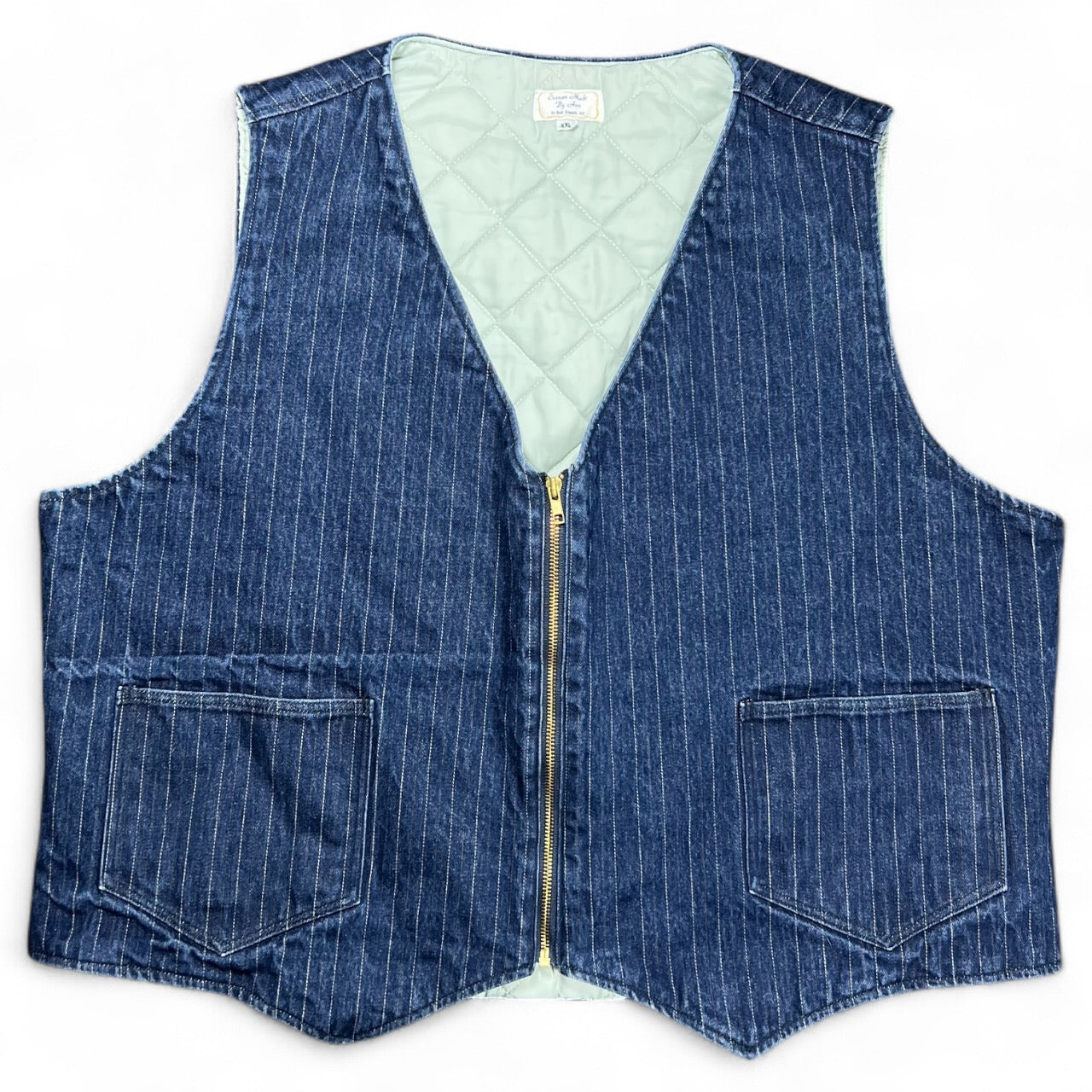 Vintage Handmade Western Pinstripe Denim Vest Quilted Lining Mens XXL