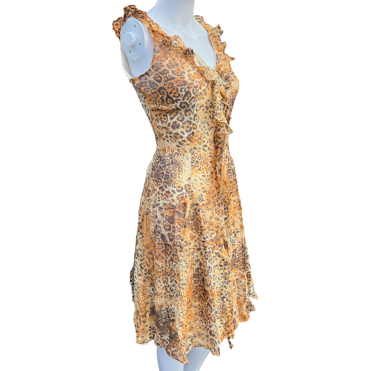 90s Y2K Bloomingdale’s Silk Blend Leopard Print Midi Dress Ruffle Women’s 6