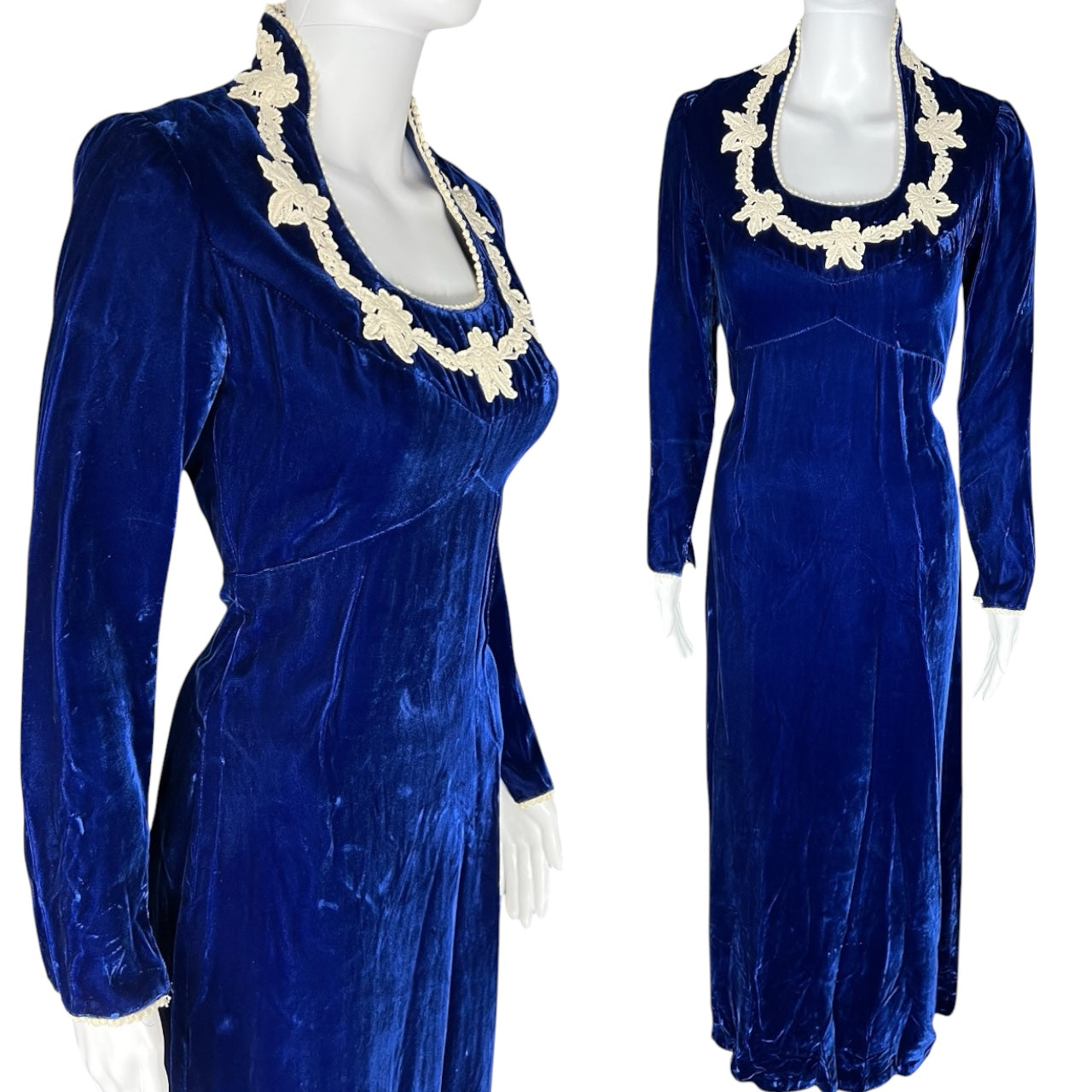 Vintage 60s 70s Medieval Revival Sapphire Velvet Gown Queen Anne Collar White Lace Sz 8