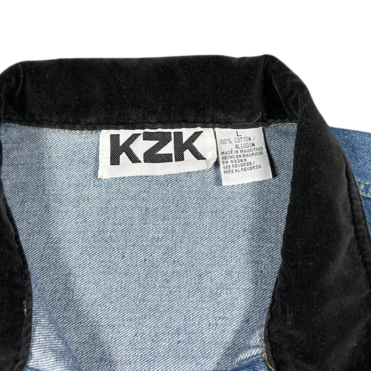 90s KZK Denim Trucker Vest Black Velvet Collar Pockets Women’s Large Metal Floral Buttons