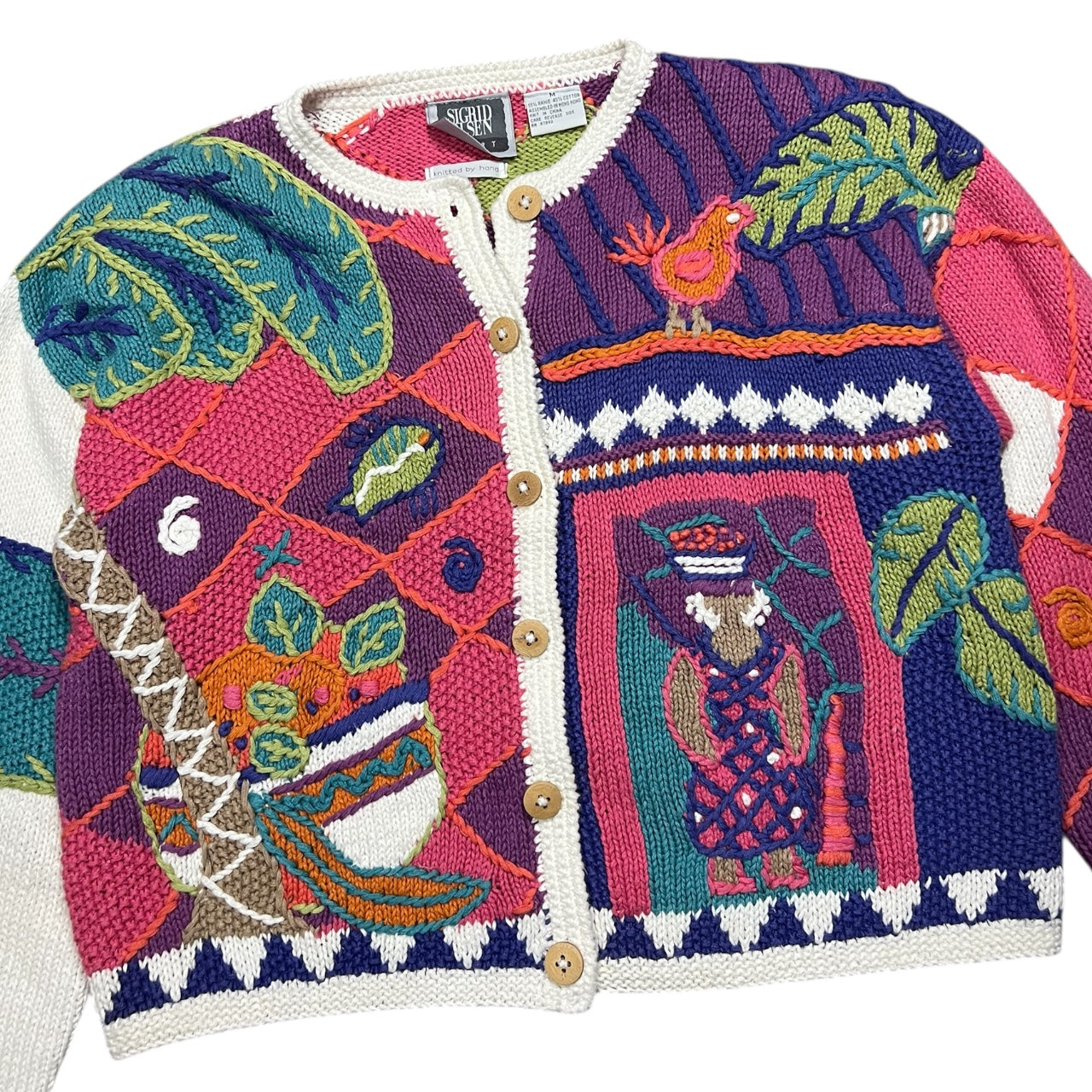 90s Sigrid Olsen Tropical Knit Cardigan Fruit Fish Palm Tree Women’s Med