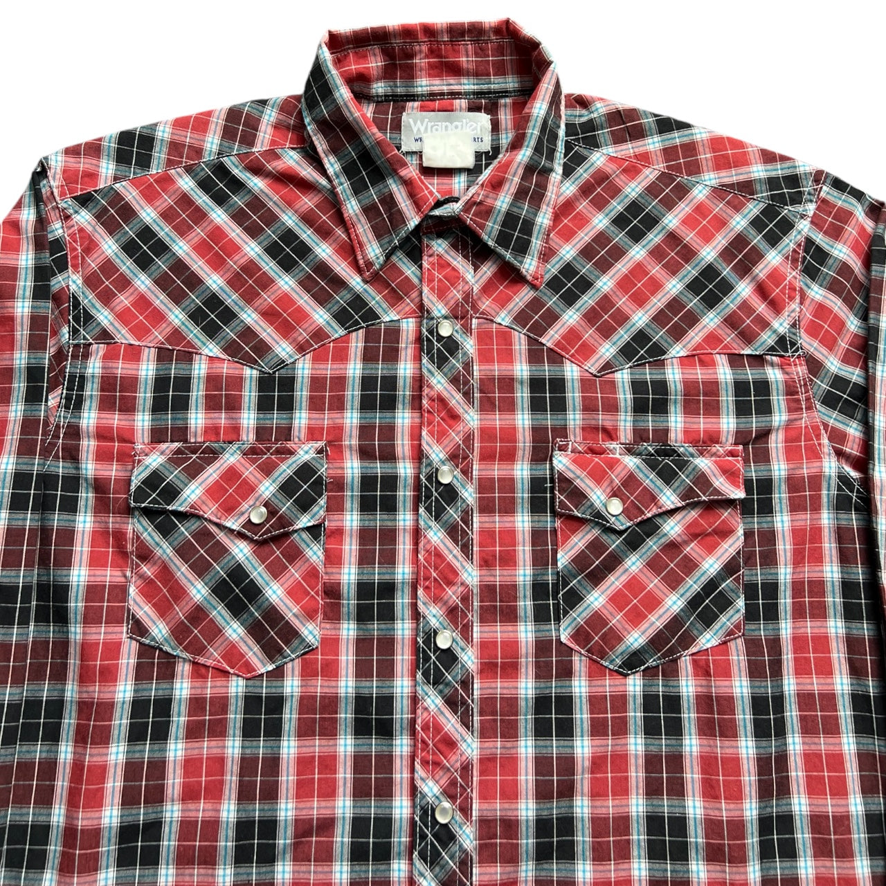 Vintage Wrangler Wrancher Shirts Red Black Plaid Pearl Snap Button Down Men’s Large