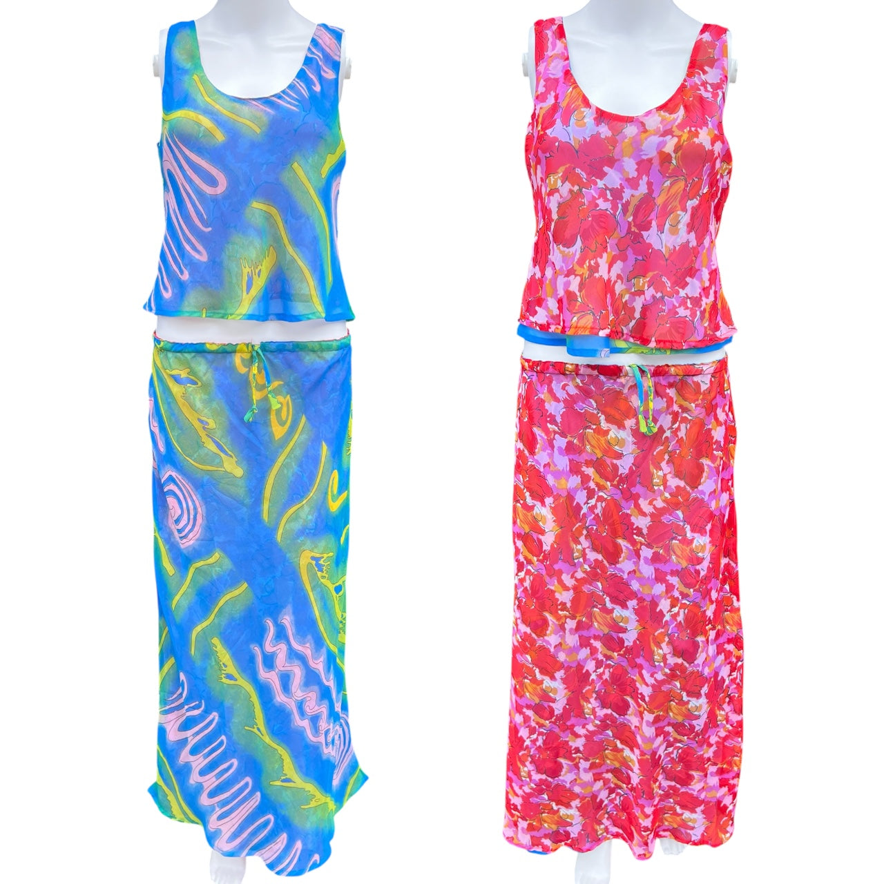 Vintage Reversible 2 Pc. Chiffon Tank Top Skirt Set Abstract Floral Print Women’s S/M