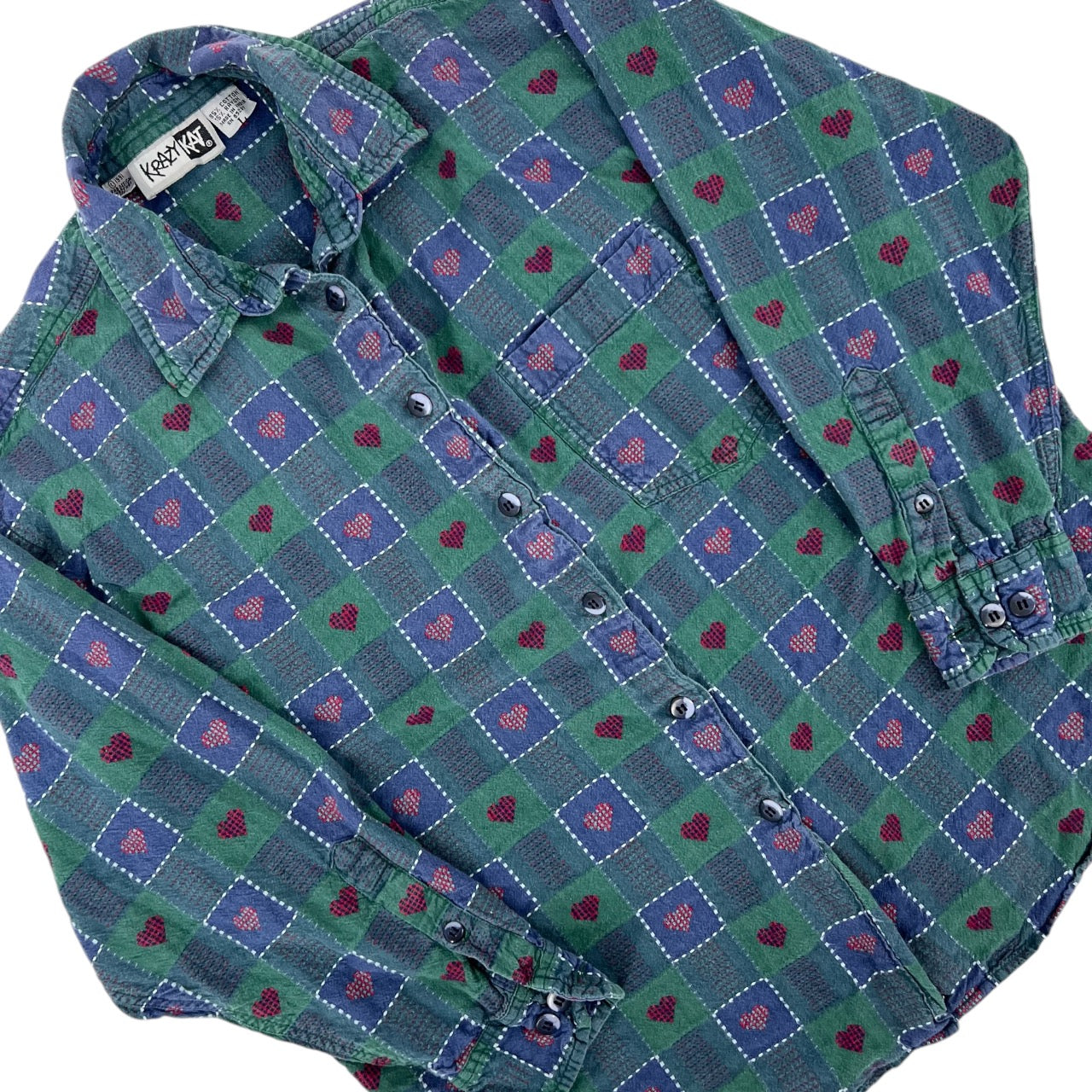 Vintage 90s Krazy Kat Green Patchwork Heart Plaid Flannel Womens Large