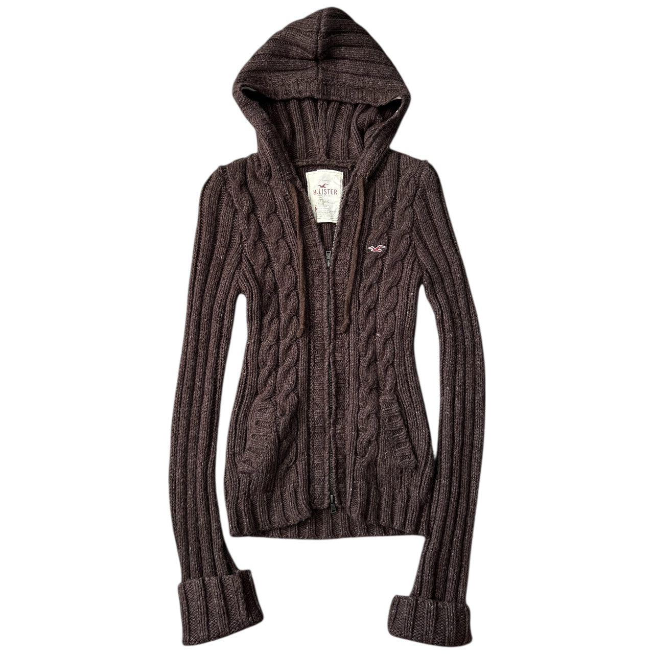 Y2K Hollister Brown Cable Knit Wool Blend Double Zip Up Hoodie Women’s Medium