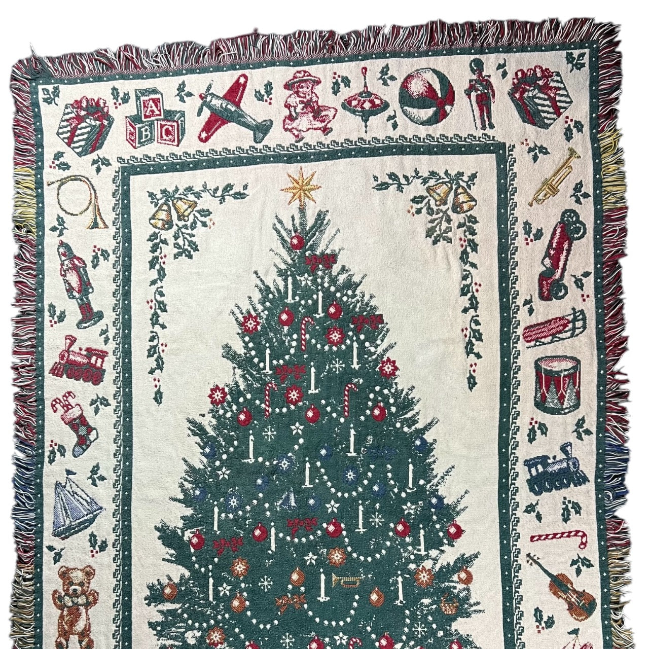 Vintage Christmas Tree Tapestry Throw Blanket Christmas Presents Stockings Toys Fringe 66” x 46”