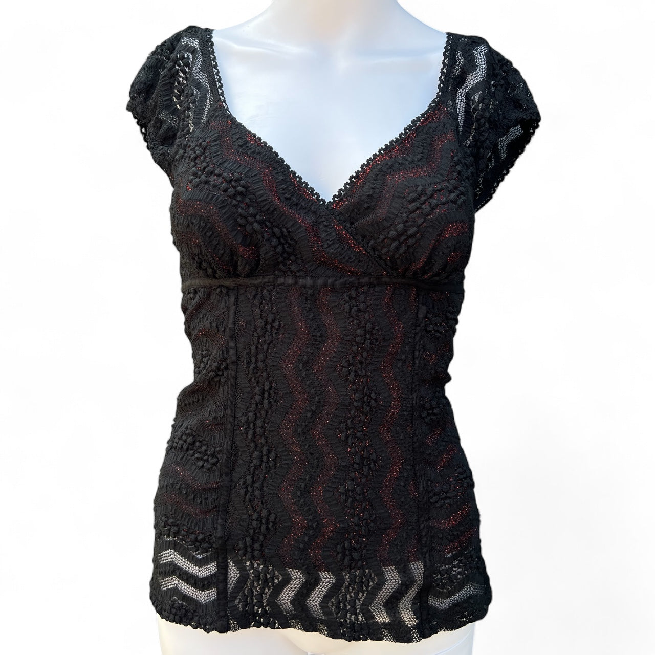 90s Y2K Studio Y Black Floral Lace Blouse Puff Sleeve Waist Tie Women’s Small
