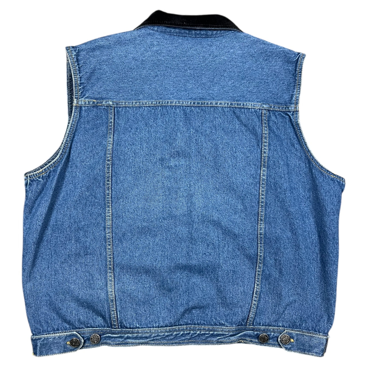 90s KZK Denim Trucker Vest Black Velvet Collar Pockets Women’s Large Metal Floral Buttons