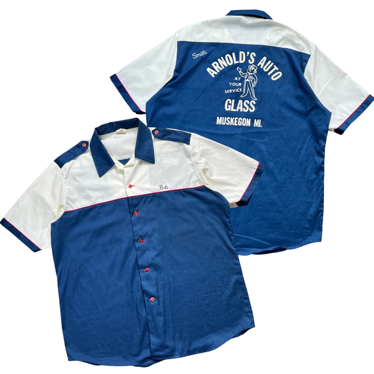 70s King Louie Bowling Shirt Arnold’s Auto Glass Muskegon MI Men’s Large Chain Stitched