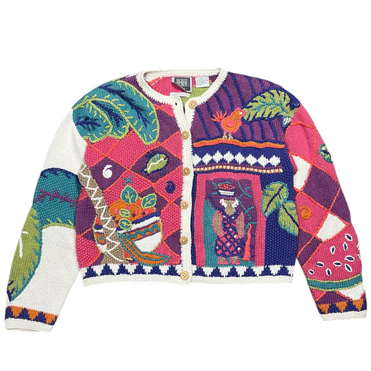 90s Sigrid Olsen Tropical Knit Cardigan Fruit Fish Palm Tree Women’s Med
