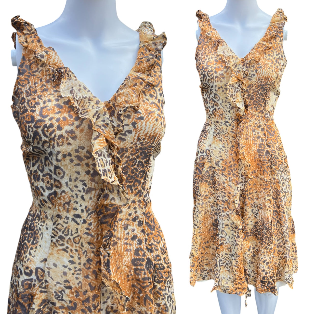 90s Y2K Bloomingdale’s Silk Blend Leopard Print Midi Dress Ruffle Women’s 6