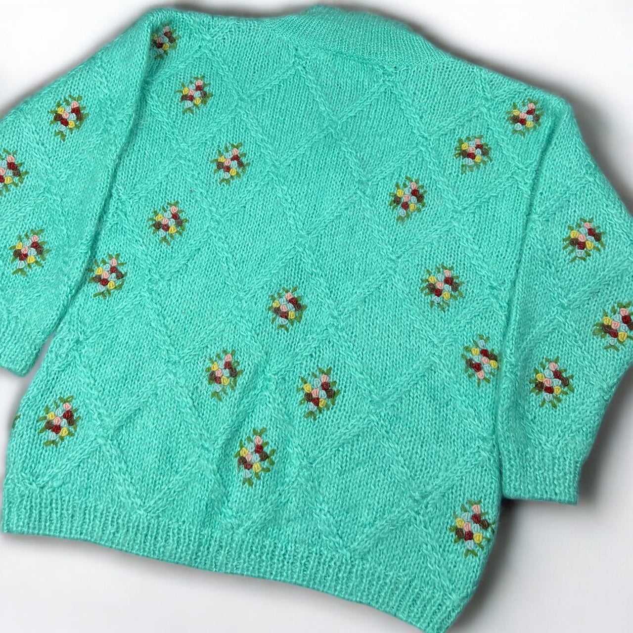 Vintage 90s Chelsea Young Wool Mohair Floral Embroidered Sweater Aqua Blue Women’s Med