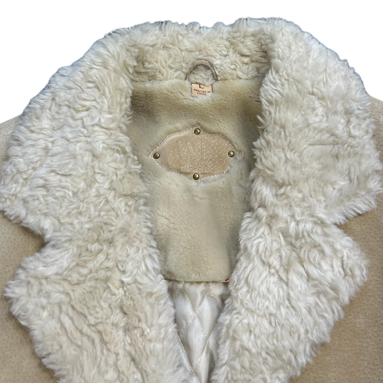 Vintage Y2K Wilson’s Leather Tan Suede Jacket Faux Fur Trim Quilt Lining Horn Buttons Womens Large