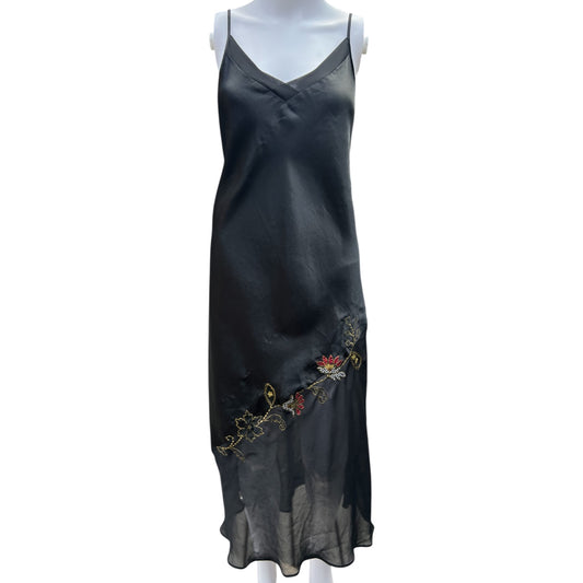 90s Massini Black Satin Asymmestrical Slip Dress Embroidered Sequin Floral Design Sheer Chiffon Trim Women’s Med
