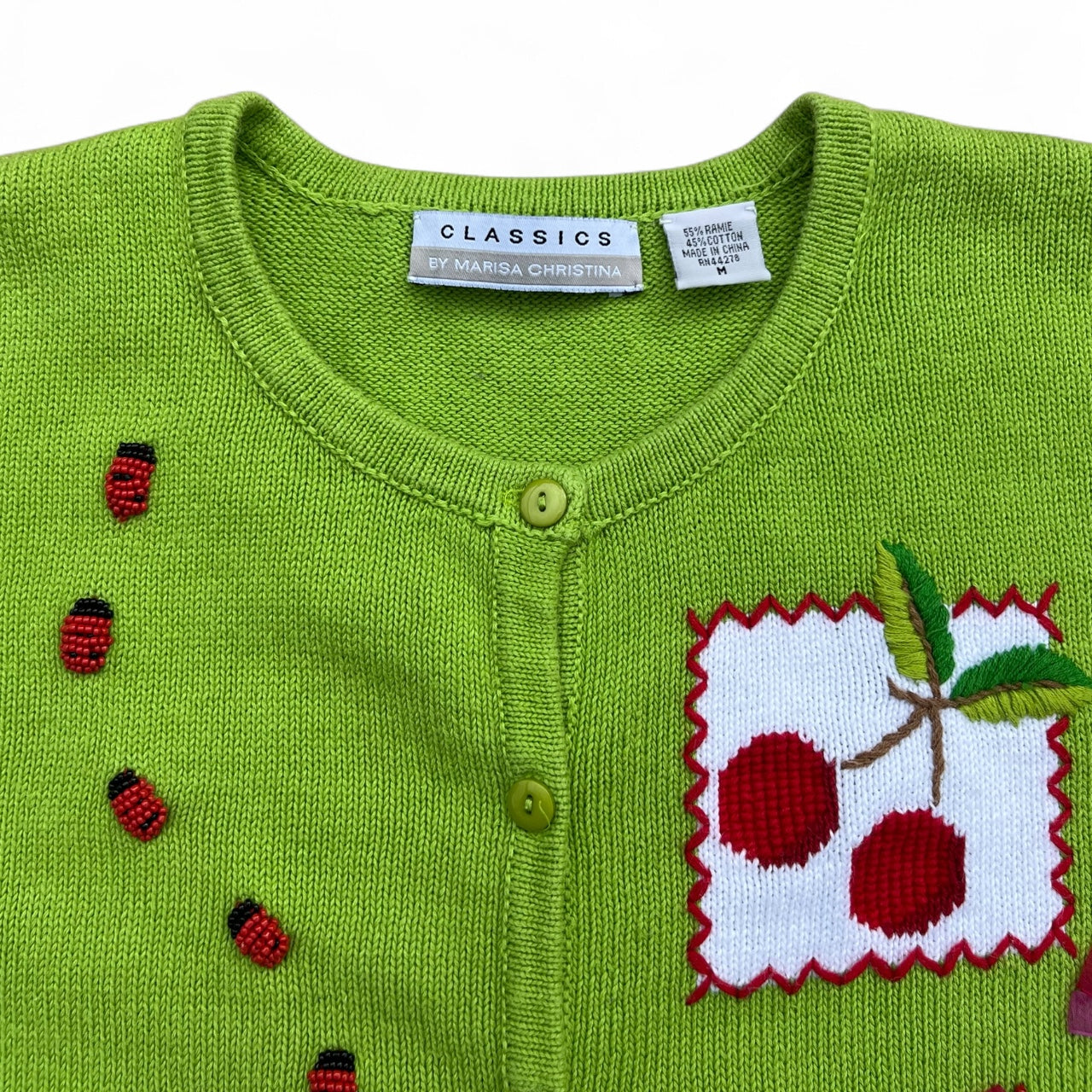 90s Marisa Christina Floral Beaded Fruit 3D Cardigan Women’s Med Cherries Watermelon Strawberry Ladybug Butterfly Bee