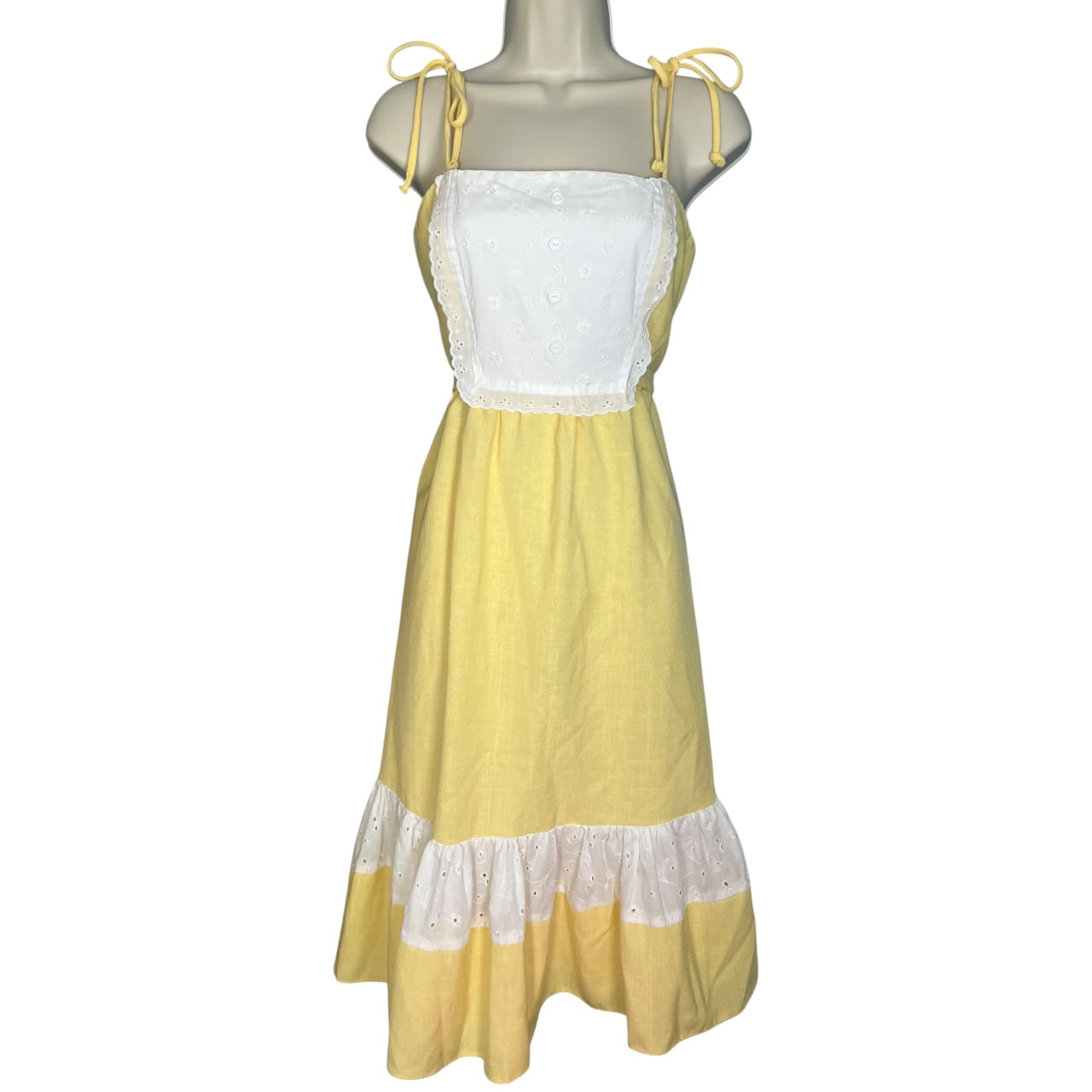 70s Handmade Yellow Eyelet Prairie Dress Midi Waist Tie Women’s M/L Made in USA