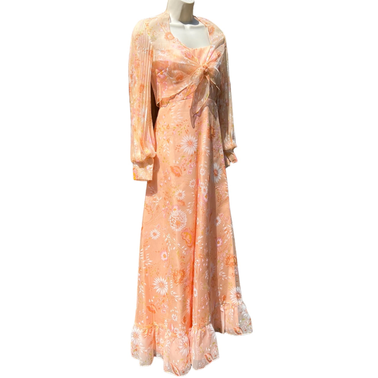 Vintage 1970s Union Made Peach Floral Maxi Dress Matching Bolero Jacket Pastel Orange Sundress 7