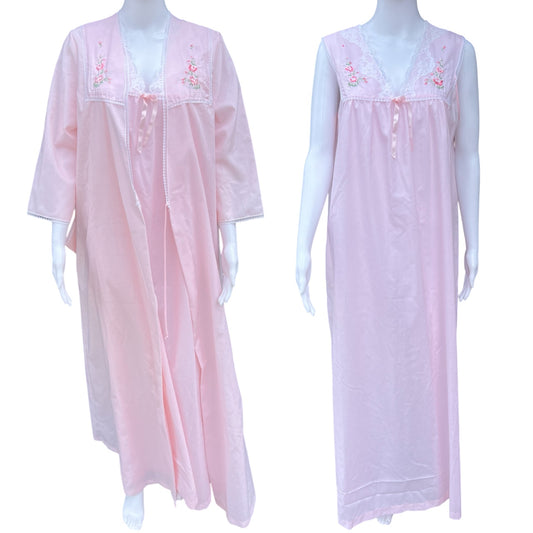 Vintage Sears Perma Prest Pink Nightgown Robe Set Floral Embroidered Lace Trim Women’s Med