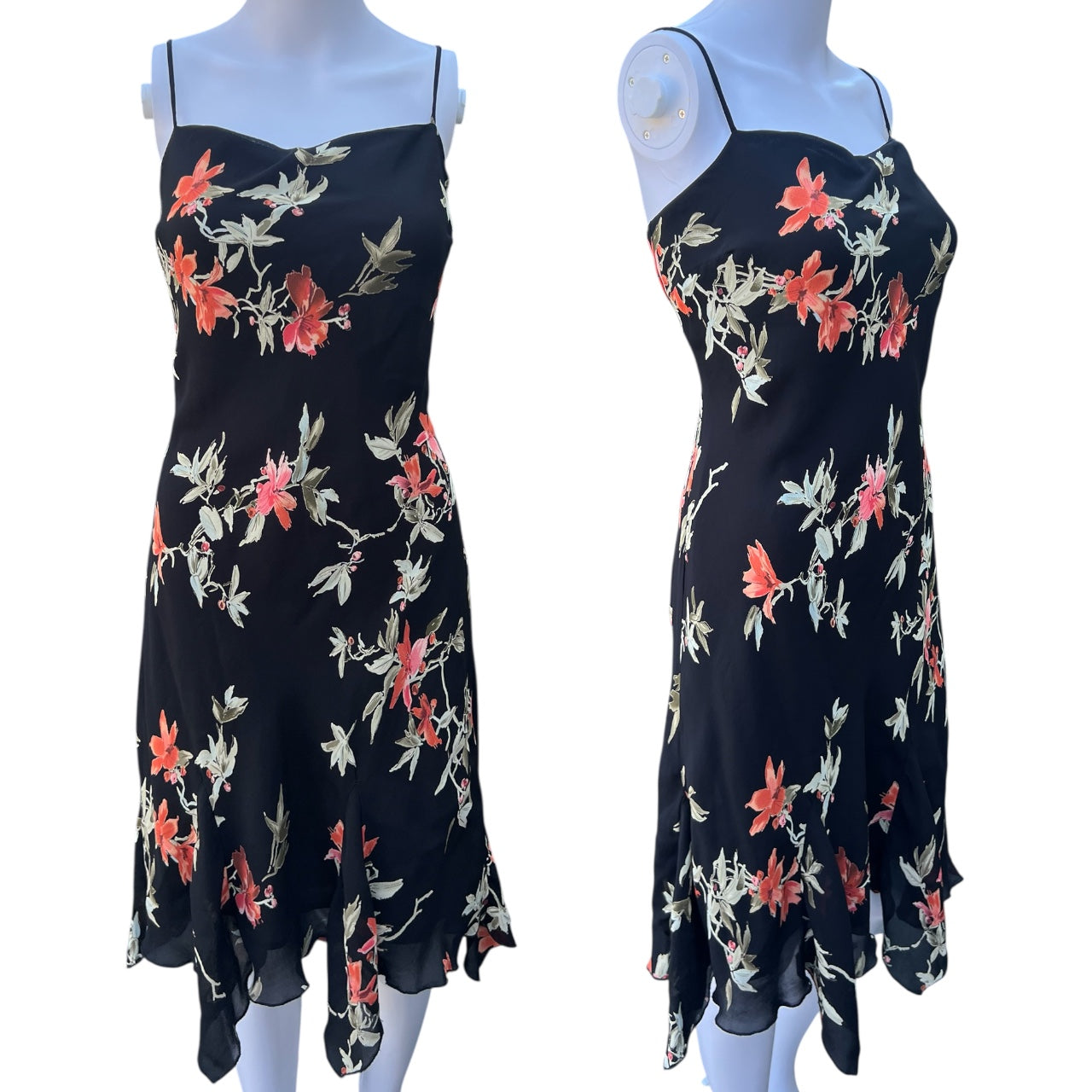 90s Y2K Lily Black Floral Chiffon Midi Dress Handkerchief Hem Women’s Large Made in USA