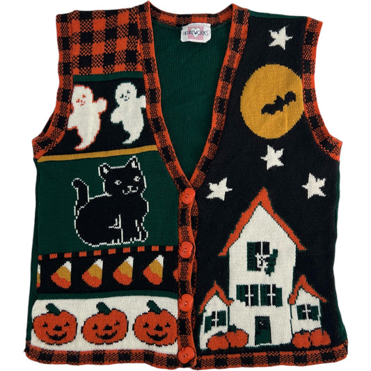 Vintage 90s Heartworks Halloween Ugly Sweater Vest Orange Plaid Trick or Treat Black Cat Candycorn Small