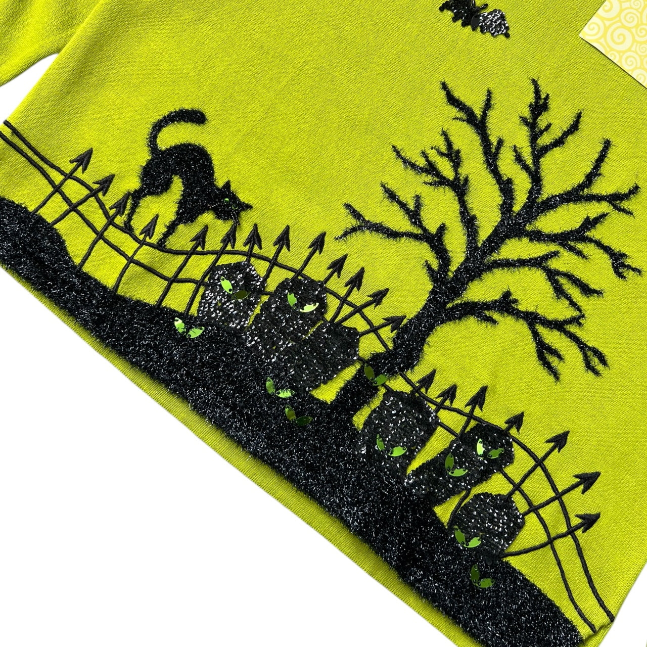 NWT Vintage Quacker Factory Lime Green Ugly Halloween Sweater Black Cat Graveyard Glitter Sequin Women’s Large