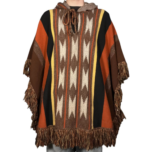 Vintage 1970s Cuddle Knit Hooded Poncho Native Design Brown Orange Fringe One Size