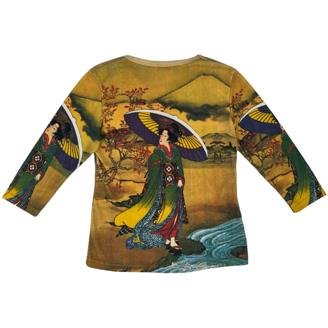 Breeke Hand Silk Screened Scoop Neck Geisha All Over Print 3/4 Sleeve Shirt Women’s M