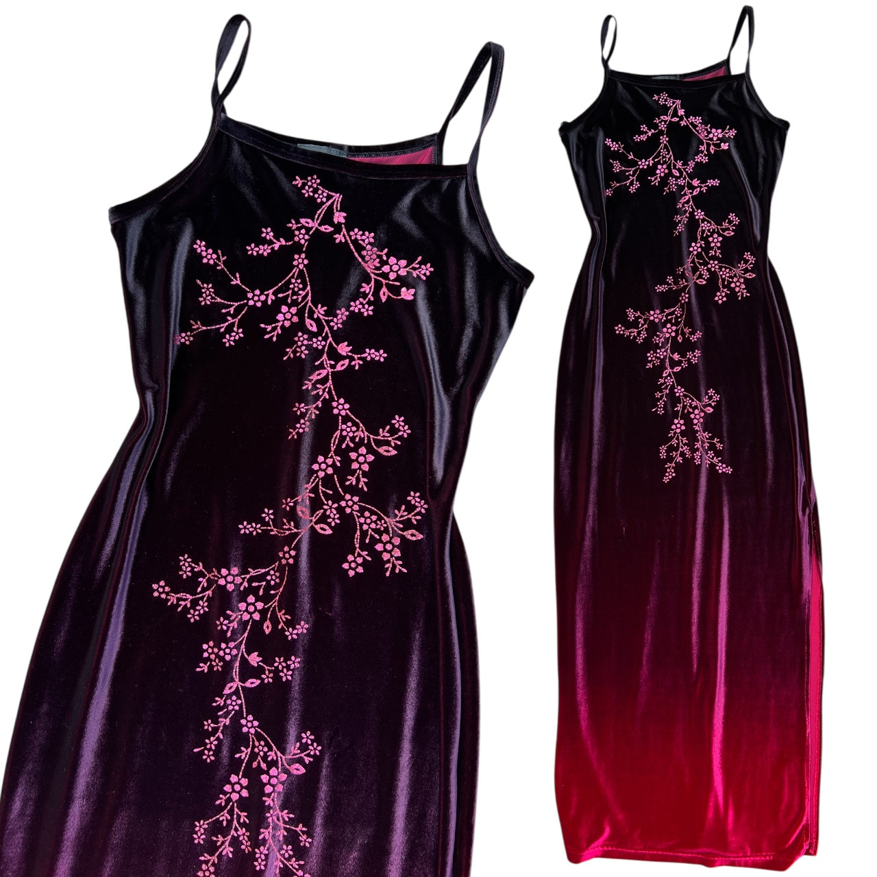 90s Candy Rocket Velvet Ombré Maxi Dress Cascading Floral Glitter Women’s Med Made in USA