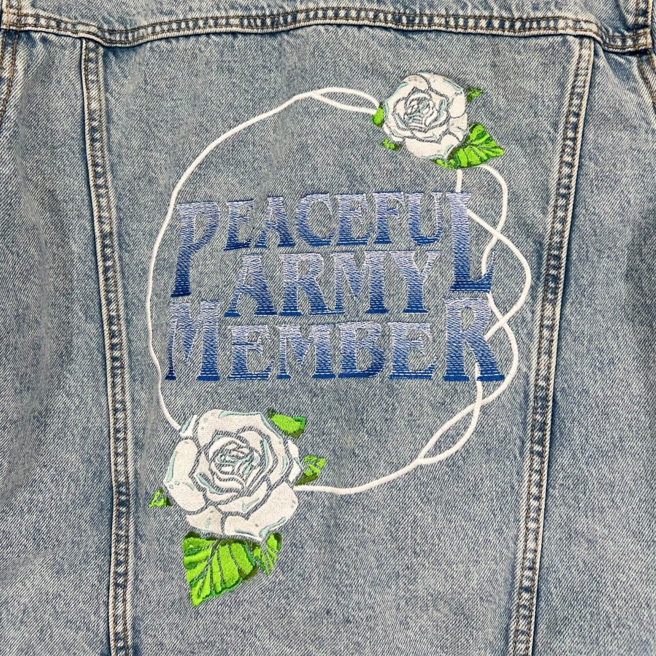 Greta Van Fleet Peaceful Army Member Custom Embroidered Lightwash Denim Trucker Jacket ThunderStompThreadz M/L