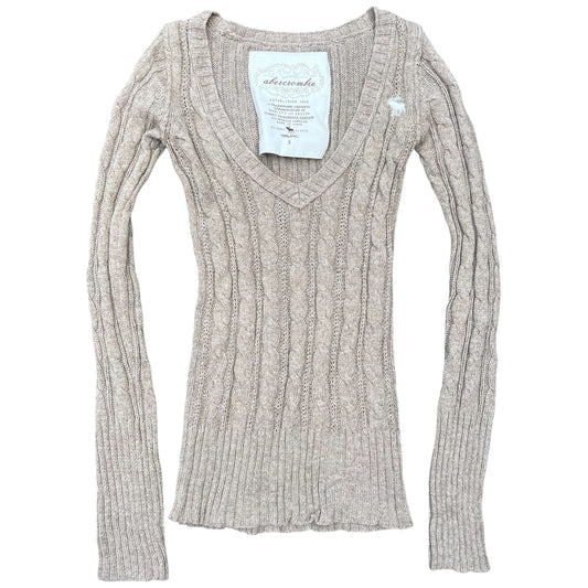 Y2K Abercrombie & Fitch Biege Cable Knit Longsleeve Sweater Deep V-Neck Women’s Small
