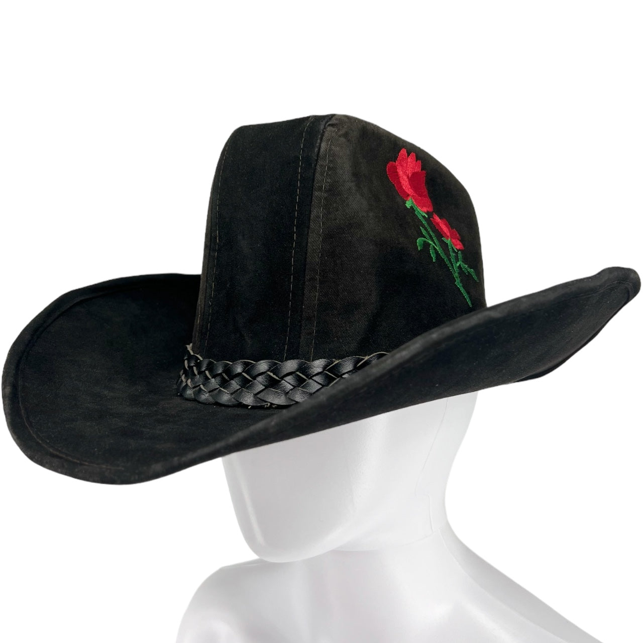 Vintage Black Suede Embroidered Floral Cowboy Hat United Hatters Cap Millinery Union Made Sz Large