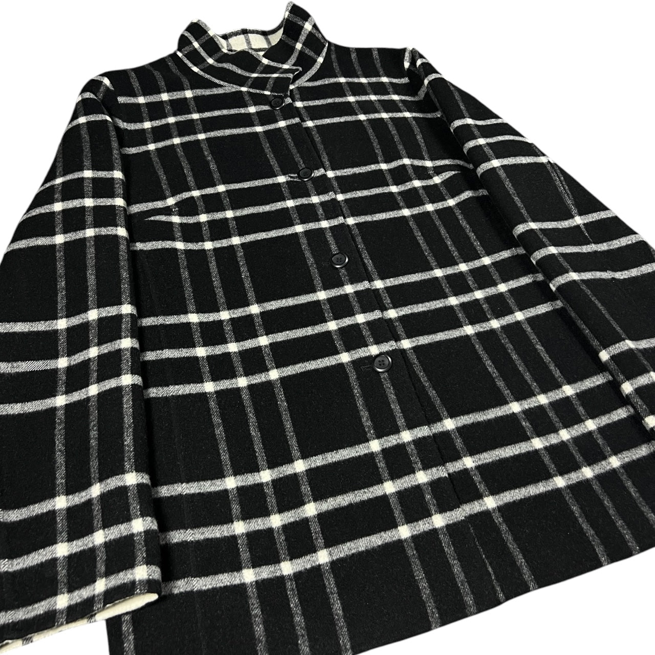 Pendleton Merino Wool Blend Black White Plaid Reversible Mid-Length Button Down Jacket Standing Collar Womens Med