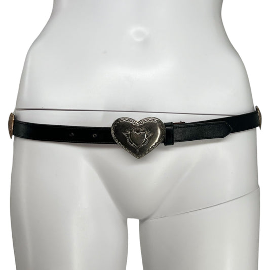 Vintage 1991 Justin’s Black Leather Belt Silver Tone Heart Concho Design Sz 32