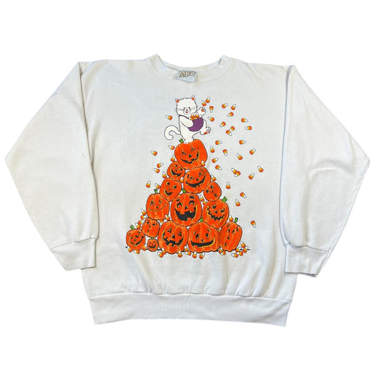 90s Halloween Cat Jack-O-Lantern Crewneck Sweatshirt Women’s XL Made in USA