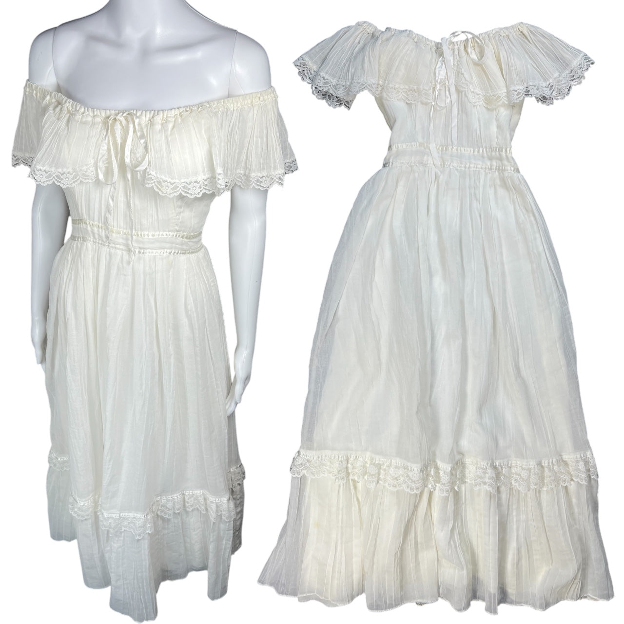 Vintage 1970s Gunne Sax White Off Shoulder Boho Lace Prairie Wedding Dress size 9 Ribbon Pleated